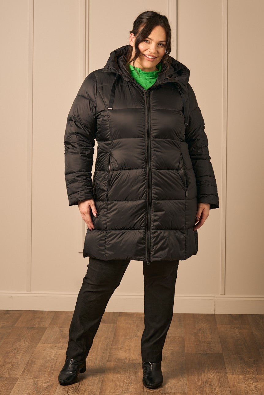 Our model is wearing Frandsen puffa jacket in black for Froxx Clothing plus sizes in Farnham