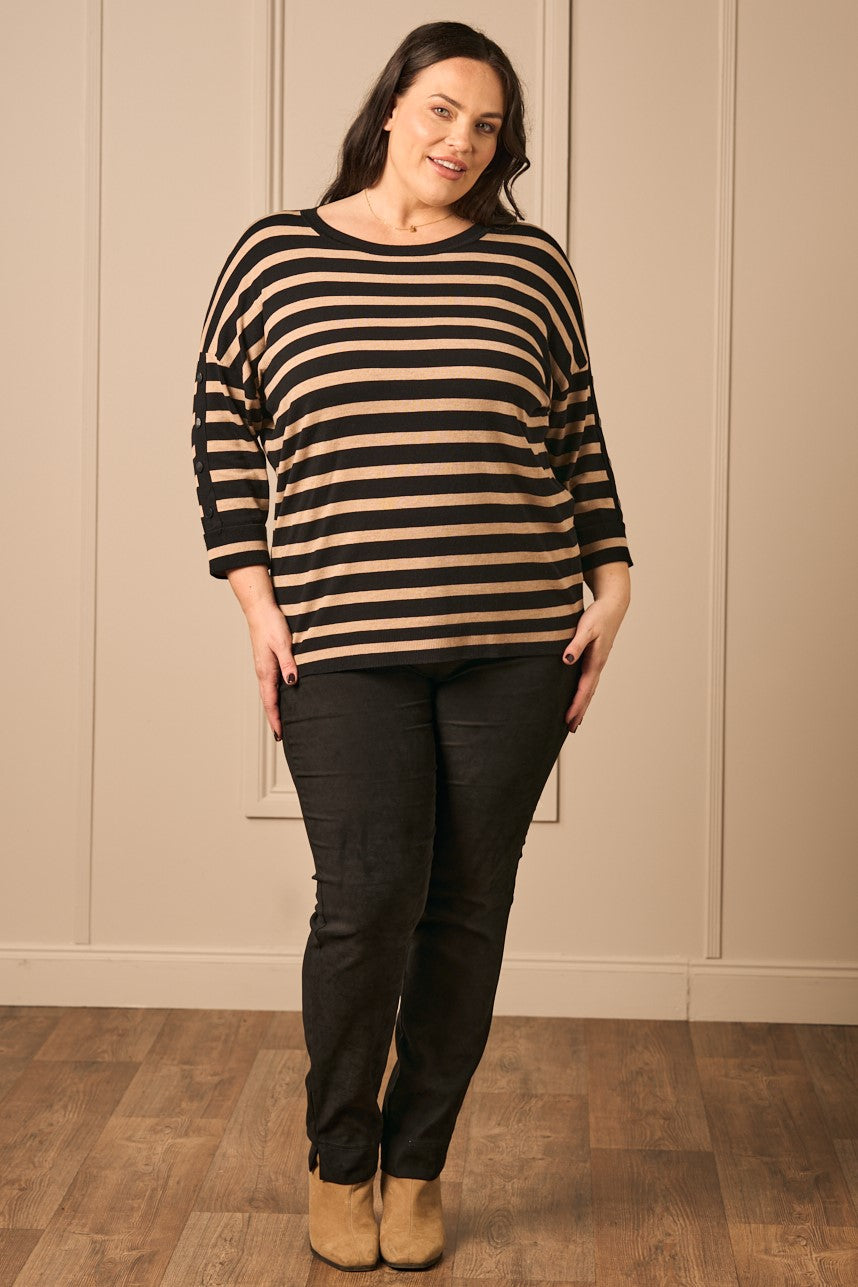 Our gorgeous model Zhana Paton is wearing Via Appia stripe jumper in black and sand for Froxx Clothing