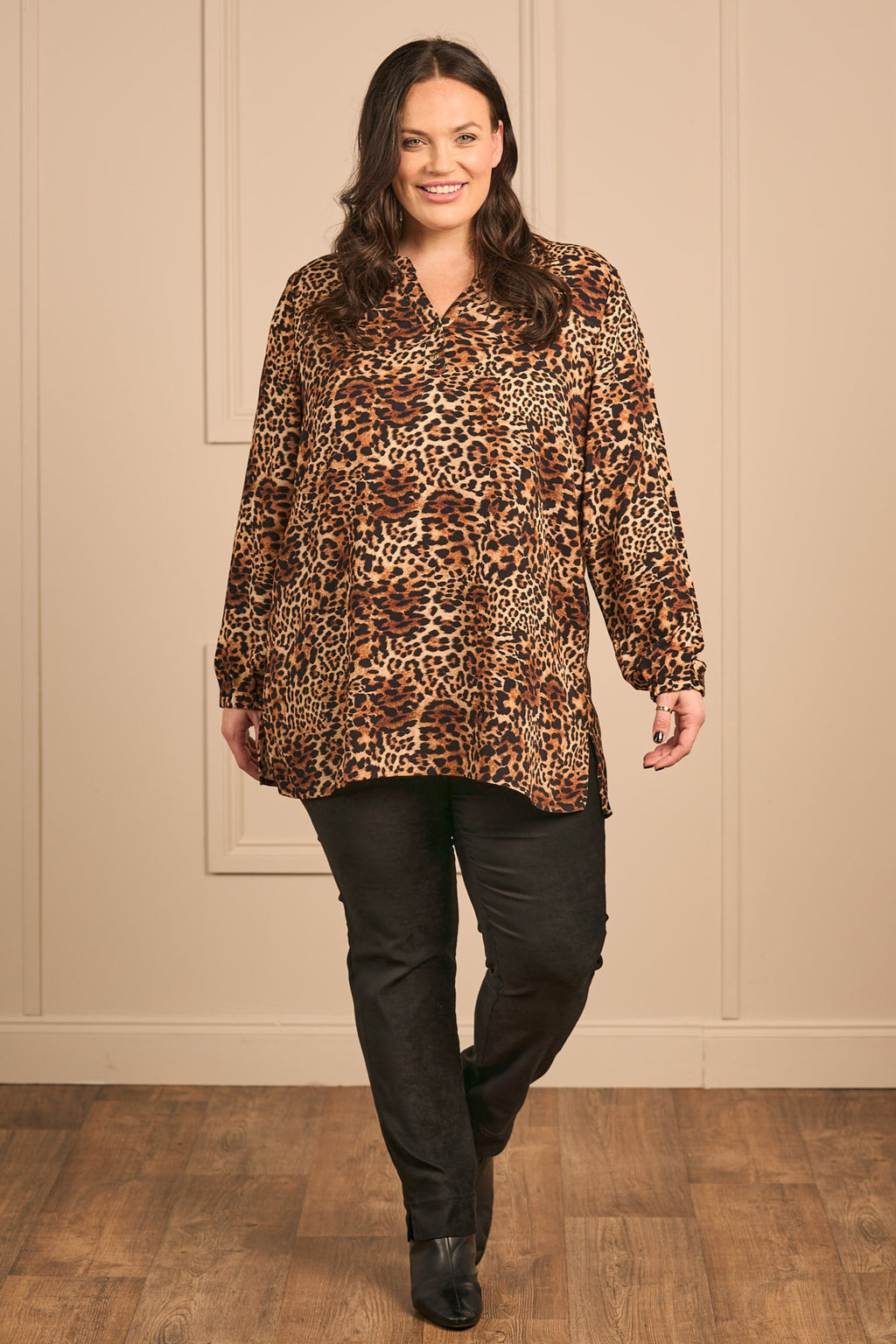 Our super model Zhana Paton is wearing KJ Brand animal print top in browns