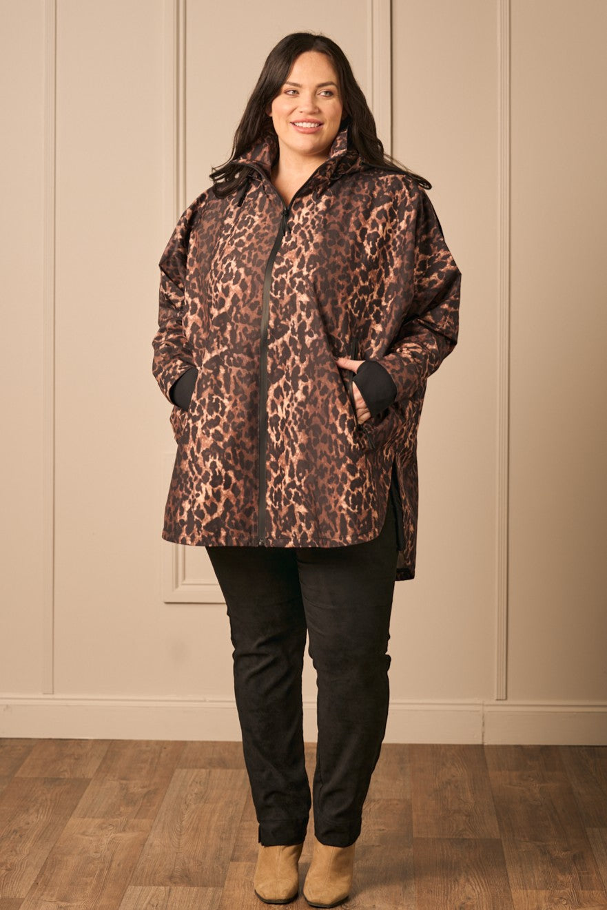 Our new model Zhana Paton is wearing Frandsen waterproof cape in animal print for Froxx Clothing Plus Size specialists in Farnham