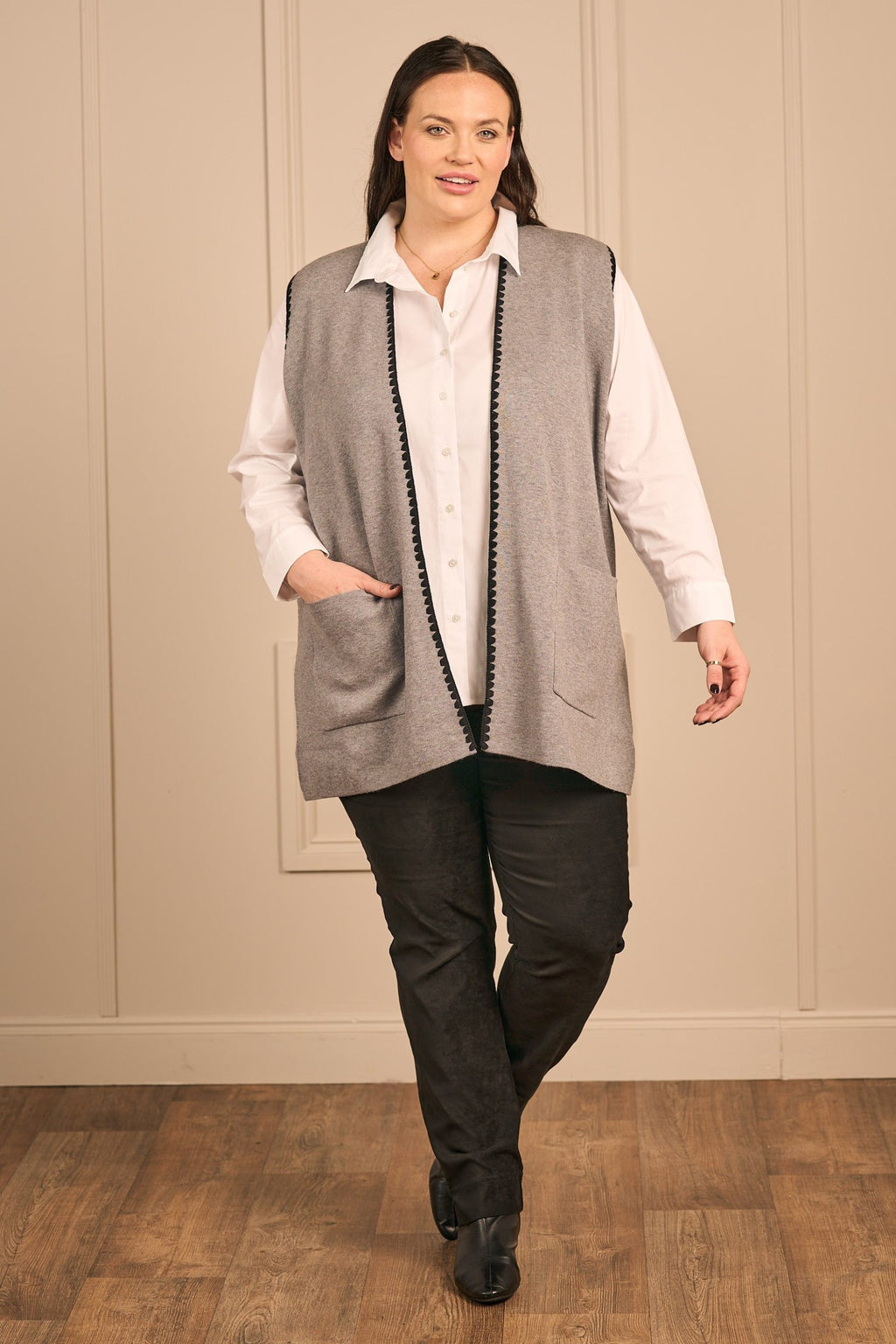 Our fabulous model Zhana Paton is wearing VIa Appia waistcoat in grey for Froxx Clothing plus szies
