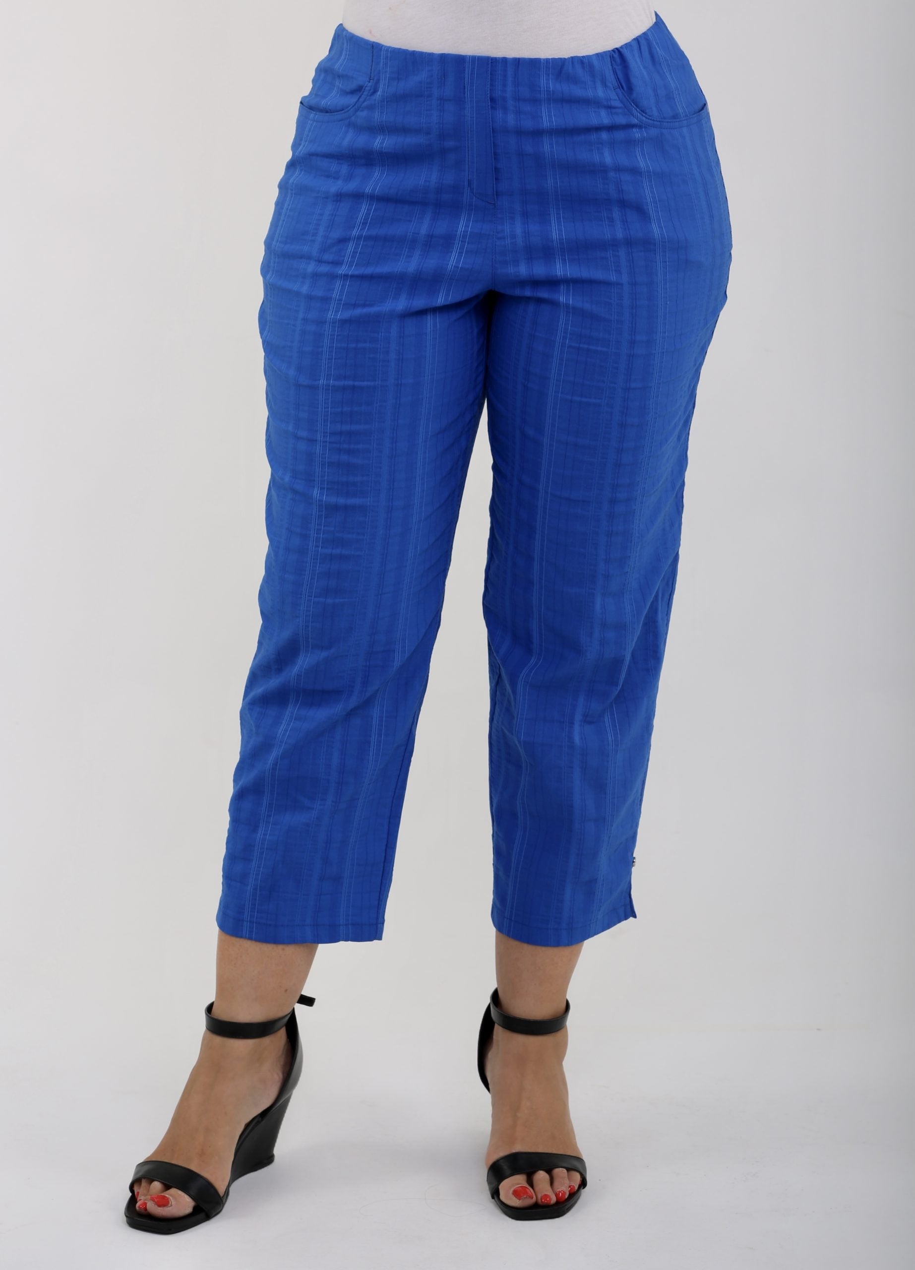 Lady wearing cobalt summer crops by K J Brand