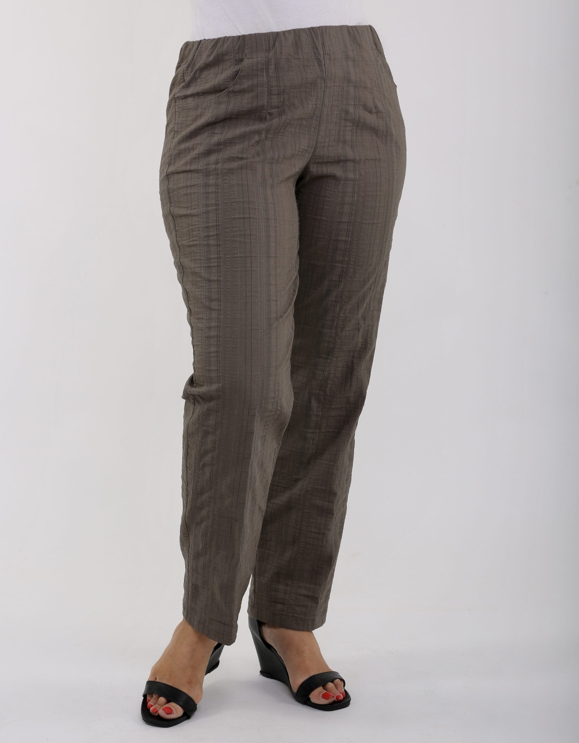 lady wearing khaki cool summer trousers by KJ Brand