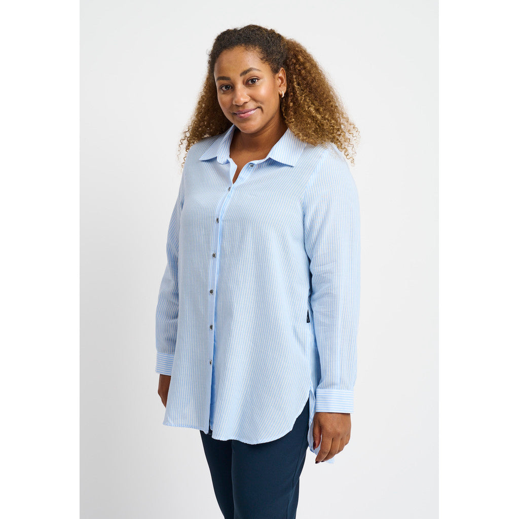 Our model is wearing Pont Neuf Lalroian cotton stripe shirt in pale blue for Froxx CLothing