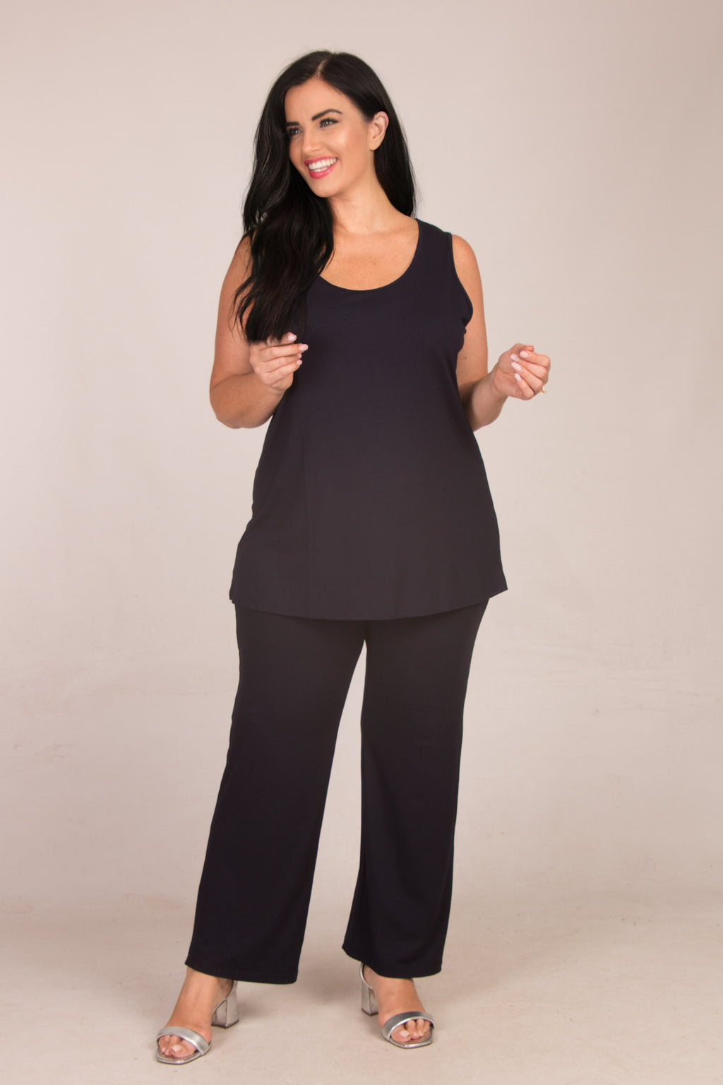 Our model is wearing Doris Streich jersey palazzos in navy for Froxx Clothing plus sizes
