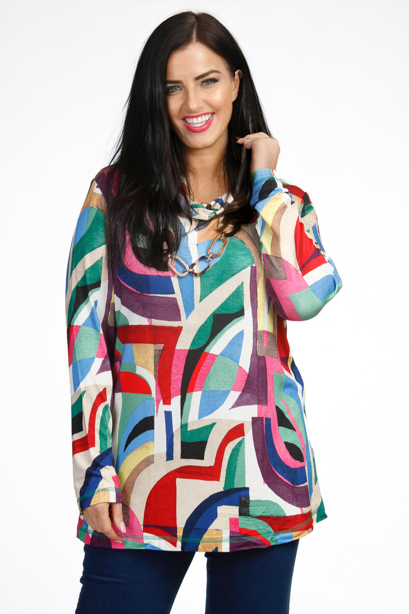 Our model is wearing KJ Brand abstract cowl top in multicolours for Froxx Clothing
