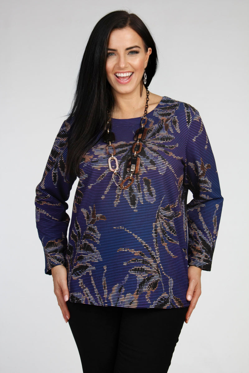 Our model is wearing Doris Streich ribbed jersey top in purple for Froxx Clothing