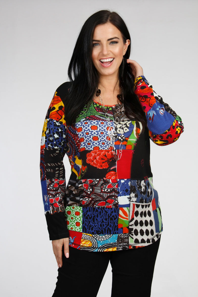 Our model is wearing Orientique Guillaume patchwork tee by Orientique for Froxx Clothing