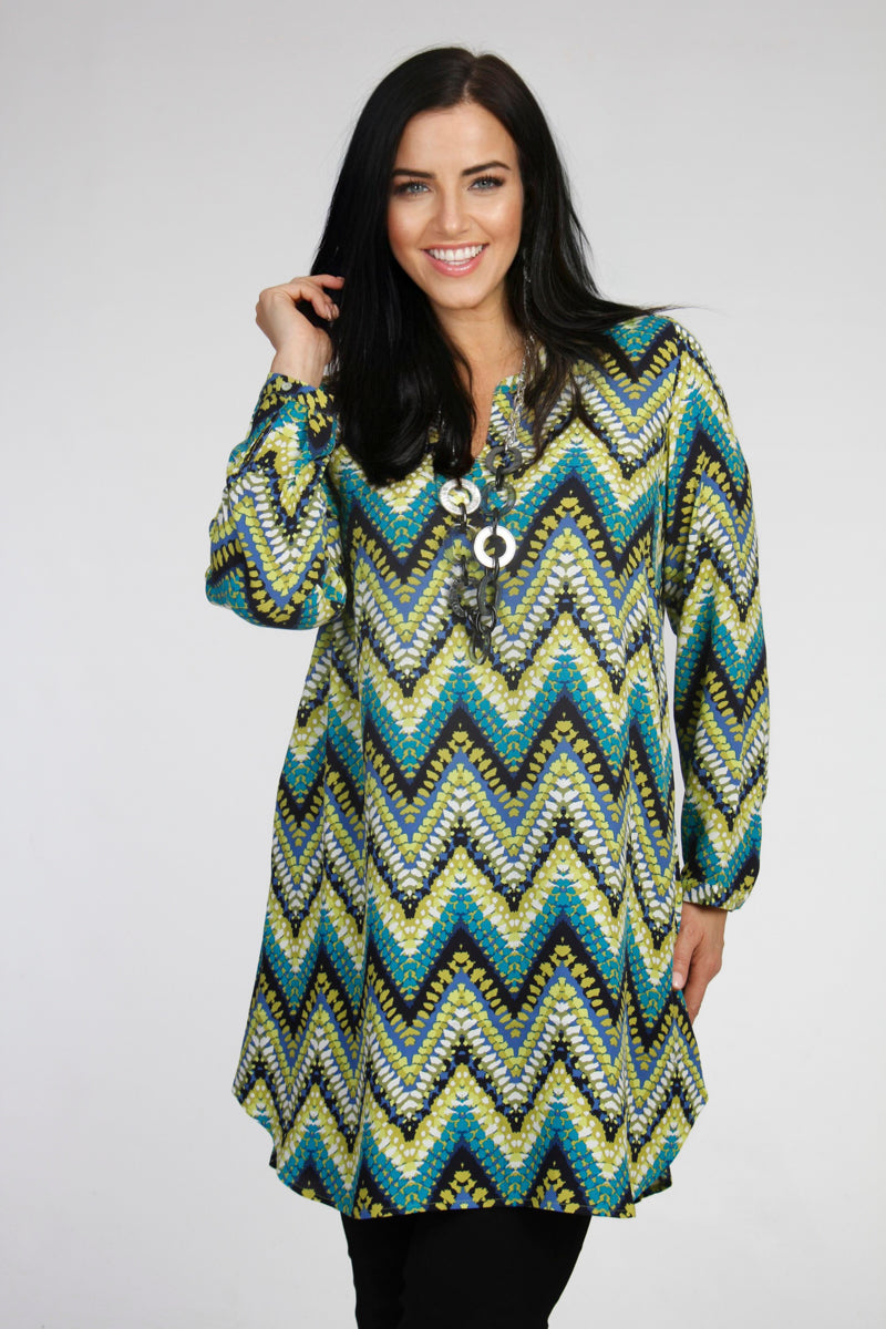 our model is wearing Via Appia zigzag tunic in lime for Froxx Clothing