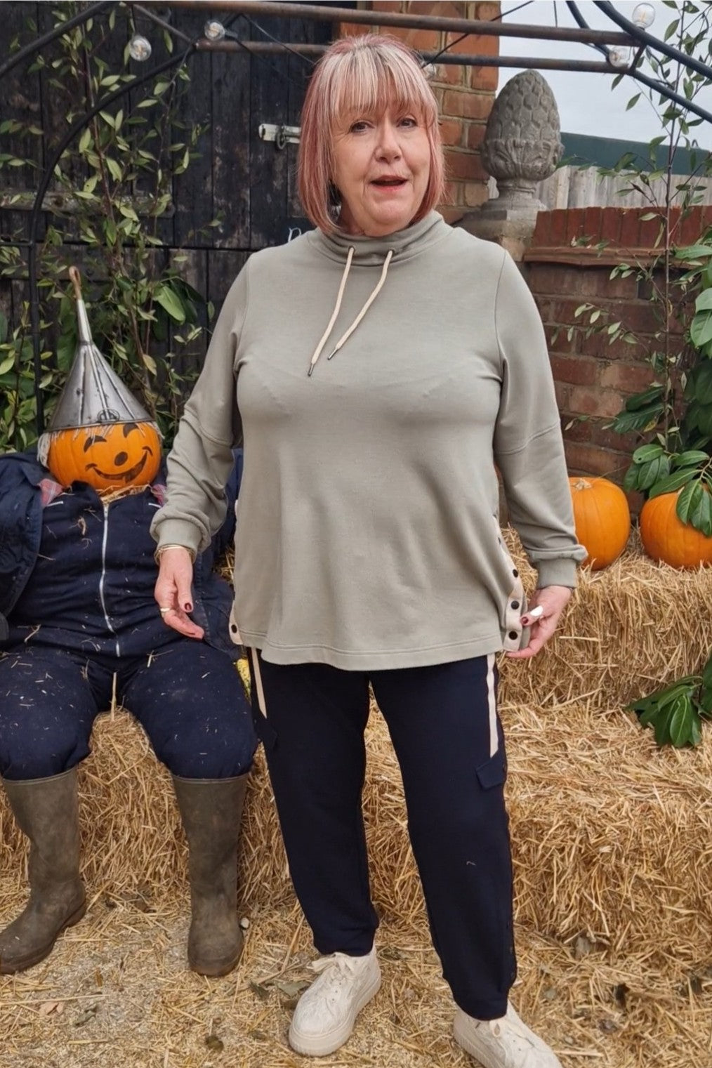 Our YouTube model Babs is wearing Pont Neuf Elefa leisure top in khaki for Froxx Clothing plus size specialists