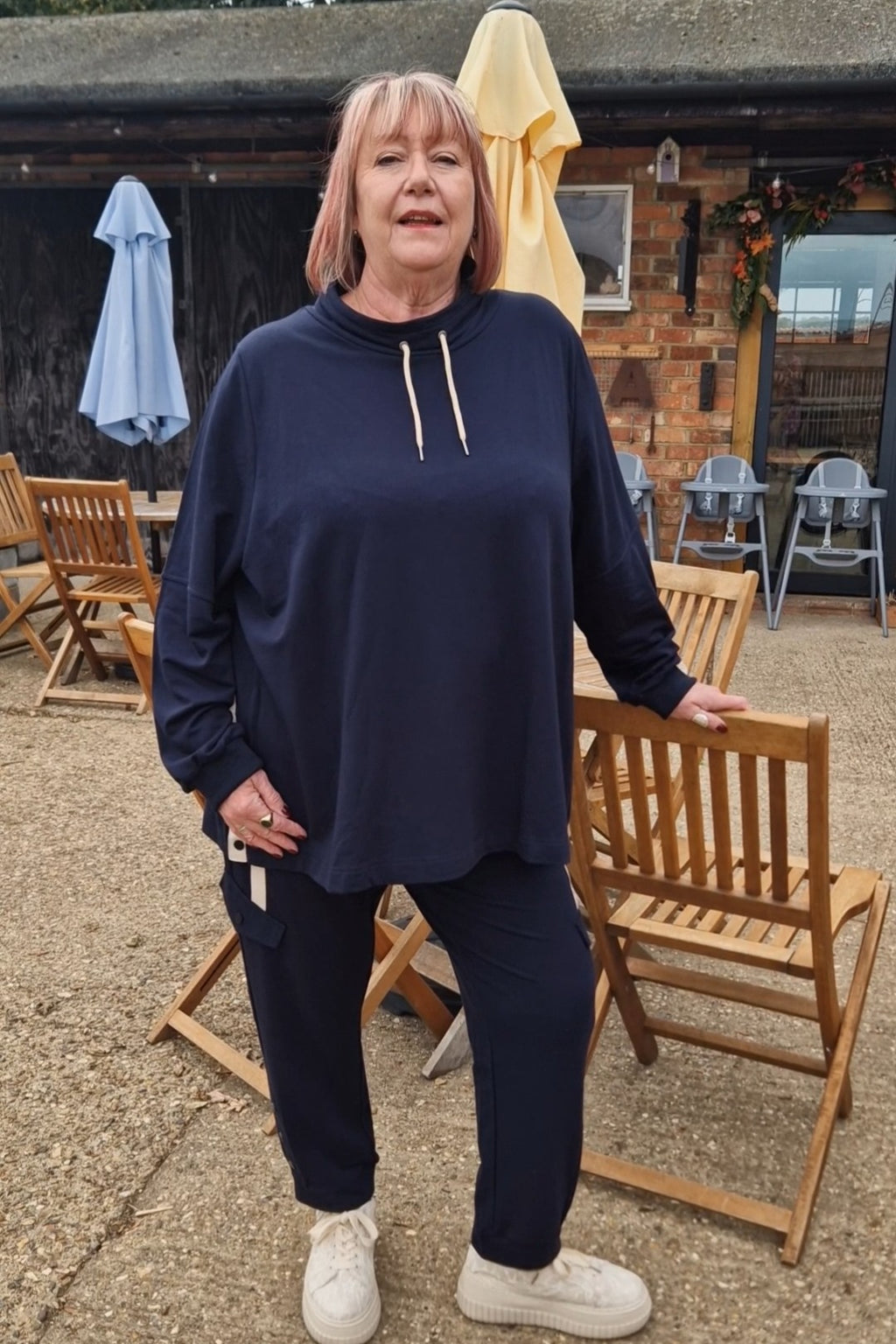 OUr model Babs is wearing Pont Neuf Elefa leisure top in navy for Froxx Clothing plus sizes