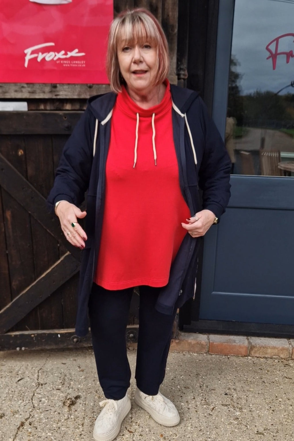 THis picture shows Babs during our YouTube video modelling Pont Neuf Gunn leisure jacket in navy for Froxx Clothing plus sizes