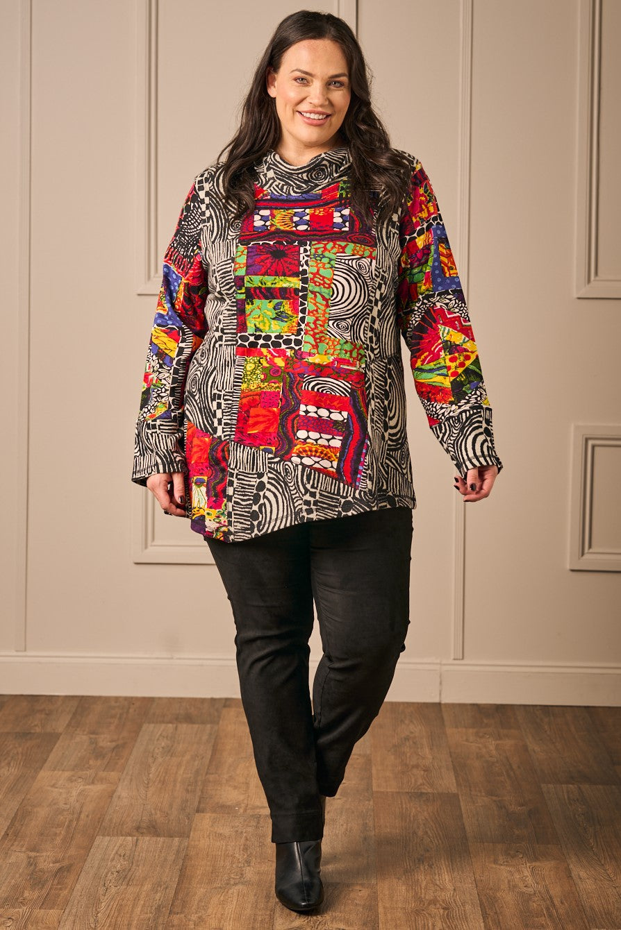 Our model is wearing Orientique patch cowl top in Black/Red for Froxx Clothing plus sizes