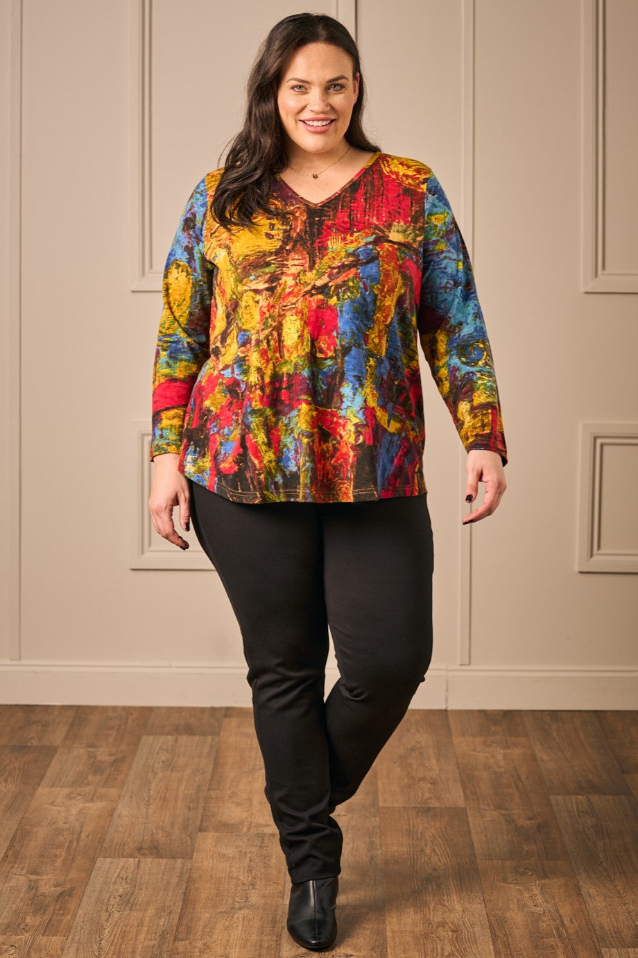 Our new model is wearing Orientique V neck tee in mustard for Froxx Clothing plus sizes