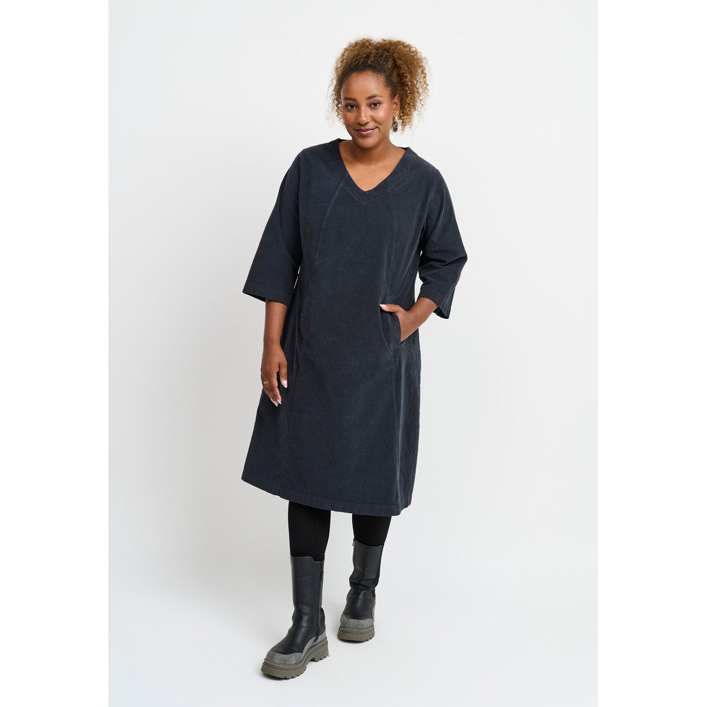 Our model is wearing Pont Neuf Ulrica cord dress in slate for Froxx Clothing plus sizes