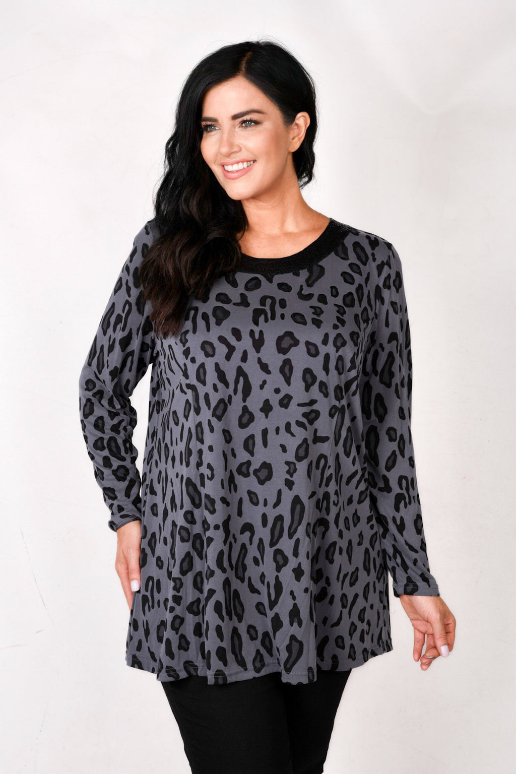 Model is wearing Mona Lisa anmial print bling neck tunic in grey for Froxx Clothing plus sizes
