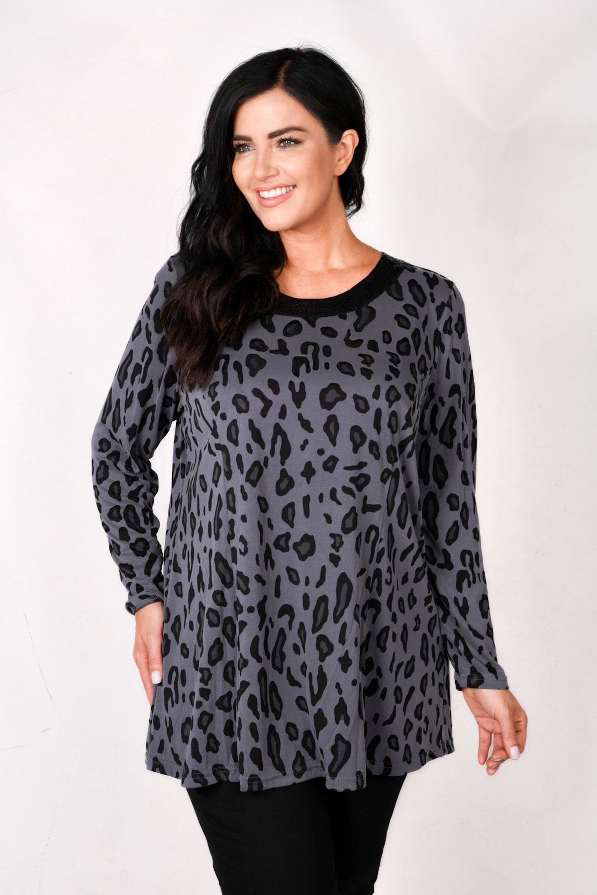 Model is wearing Mona Lisa anmial print bling neck tunic in grey for Froxx Clothing plus sizes